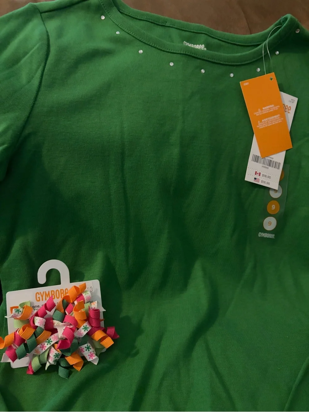 NWOT Gymboree Girls' Green LS Top with Jewel Accents and Matching Hair Clip